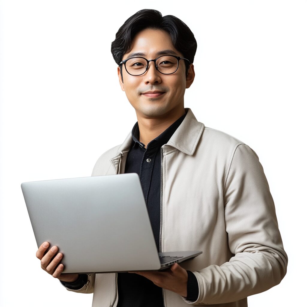 2025년 1인 창업 아이템으로 창업하는 남자가 노트북을 들고 서있는 모습