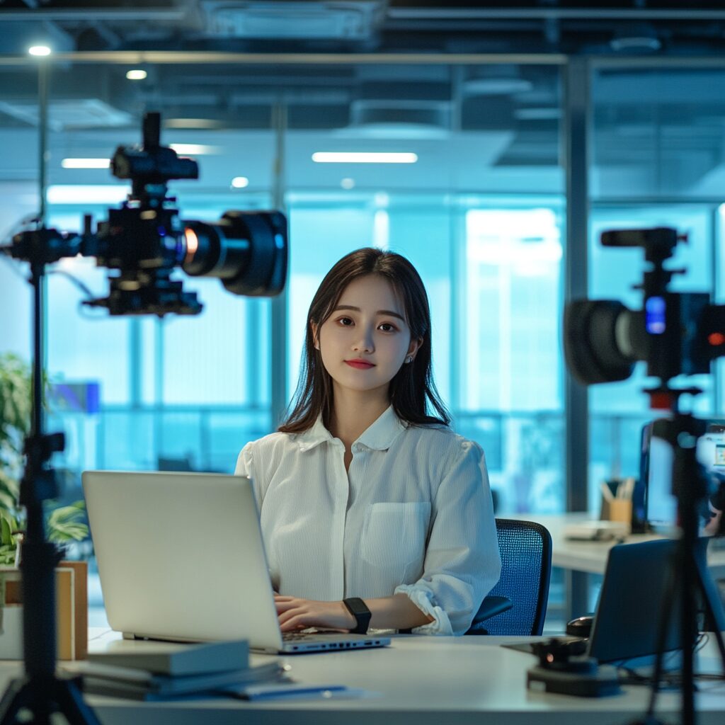 2025년 프리랜서 여성이 노트북과 촬영장비로 일하고 있는 모습